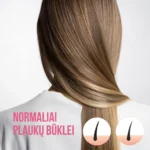 Moters plaukai iš galo ir tekstas šone